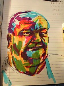 daily portrait sketch man's face sketches in bright vibrant colors, bold strokes, and on a composition book page.